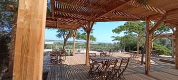 Terrasse en pin avec une pergolas traditionnelle à Villeneuve les Maguelonne