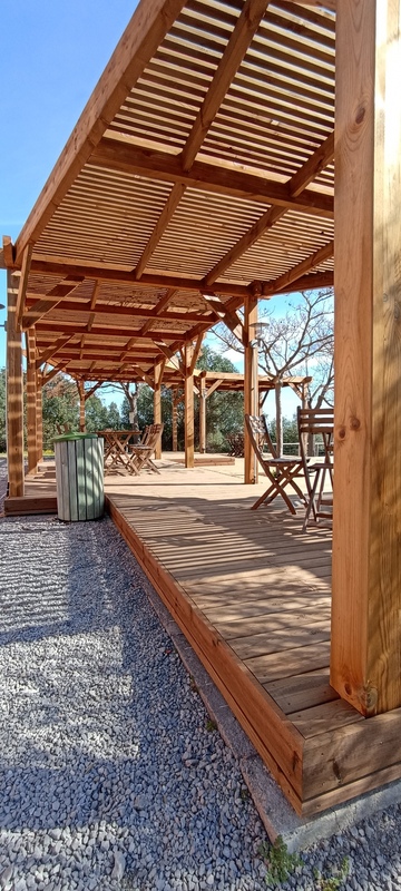 Terrasse en pin avec une pergolas traditionnelle à Villeneuve les Maguelonne